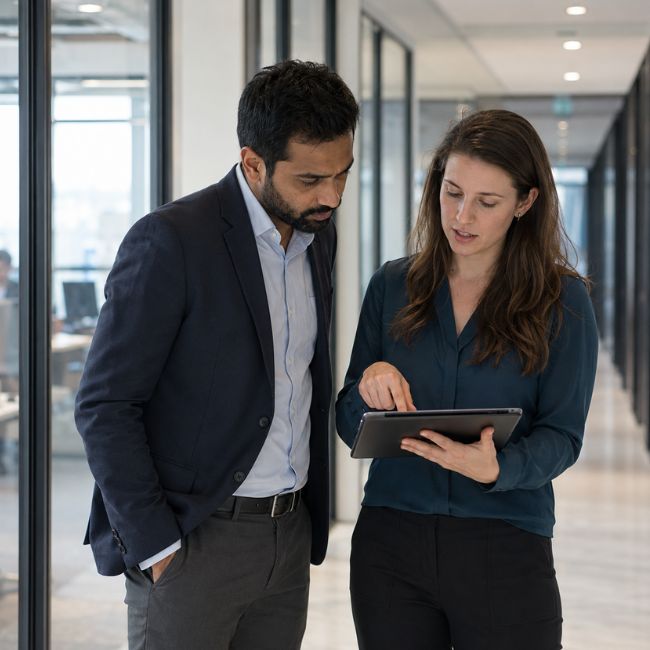 Business colleagues analyzing project data on a tablet in a modern office, demonstrating teamwork, digital collaboration, and workplace productivity.